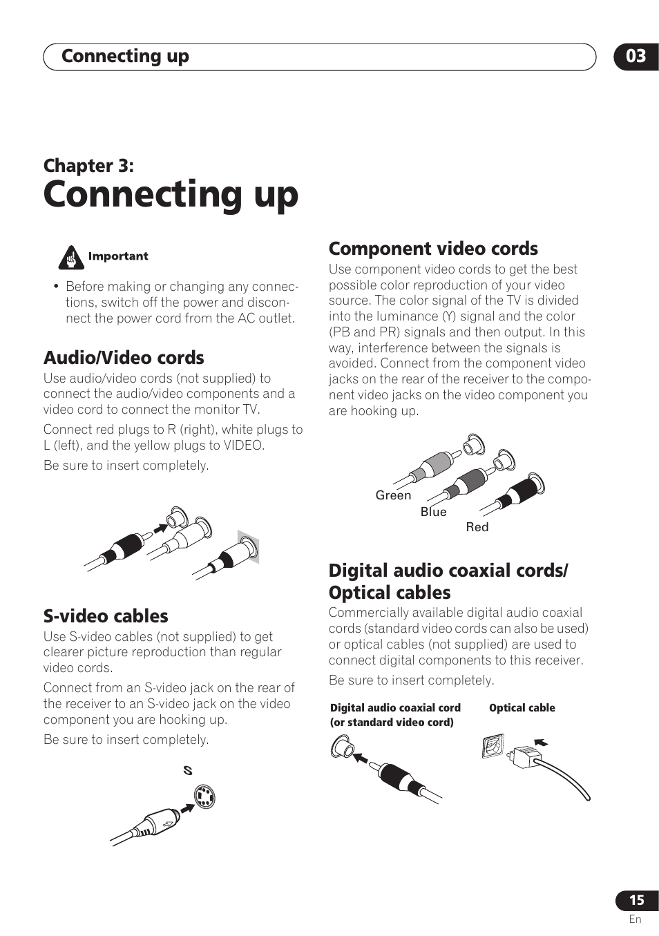 Connecting up, Audio/video cords, S-video cables | Component video cords, Digital audio coaxial cords/ optical cables, Connecting up 03, Chapter 3 | Pioneer VSX-D712 User Manual | Page 15 / 72
