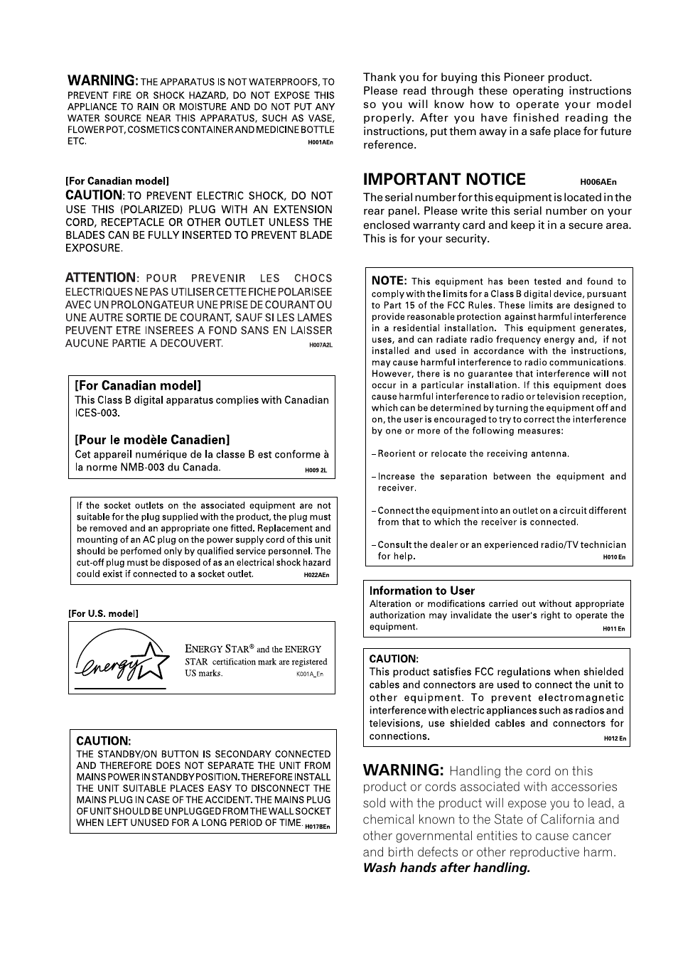 Important notice, Warning | Pioneer VSX-D712 User Manual | Page 2 / 72