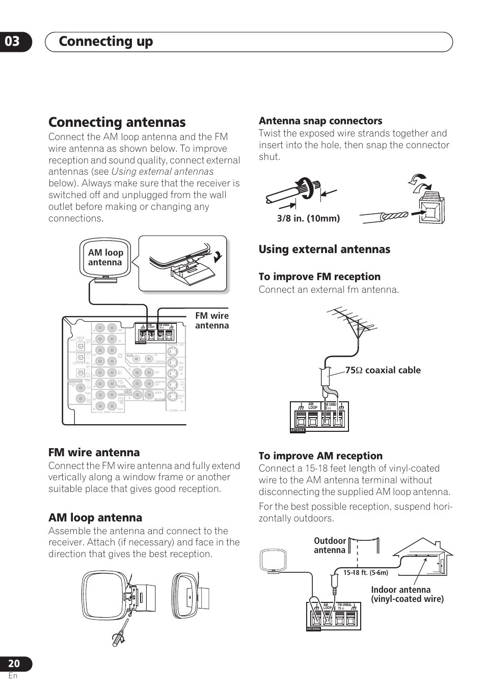 Connecting antennas, Fm wire antenna, Am loop antenna | Using external antennas, Connecting up 03, Antenna snap connectors, Connect an external fm antenna, Am loop antenna fm wire antenna 3/8 in. (10mm), 75 ω coaxial cable, Outdoor antenna indoor antenna (vinyl-coated wire) | Pioneer VSX-D712 User Manual | Page 20 / 72