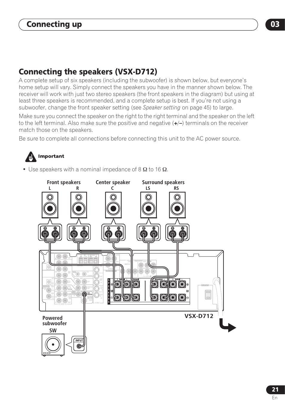 Connecting the speakers (vsx-d712), Connecting up 03, Speaker setting | Vsx-d712, Front speakers, Lr c ls rs | Pioneer VSX-D712 User Manual | Page 21 / 72