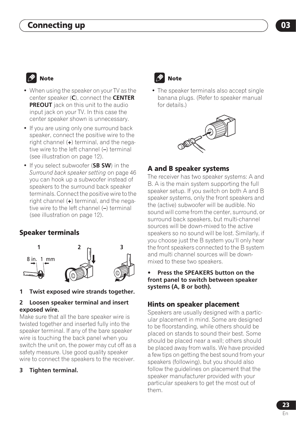 Speaker terminals, A and b speaker systems, Hints on speaker placement | Connecting up 03 | Pioneer VSX-D712 User Manual | Page 23 / 72