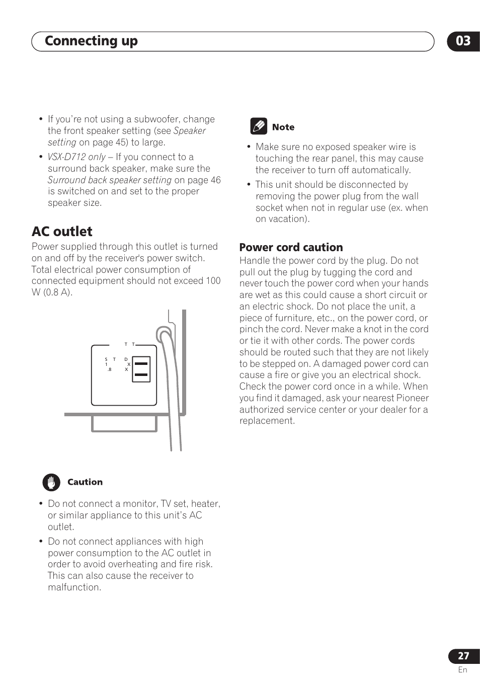 Ac outlet, Power cord caution, Connecting up 03 | Pioneer VSX-D712 User Manual | Page 27 / 72