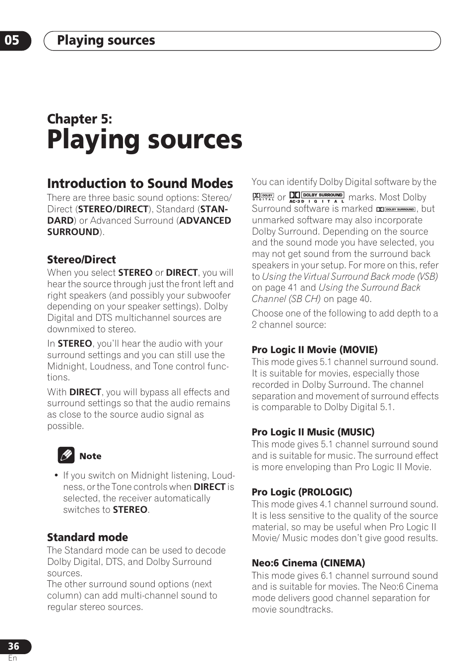 Playing sources, Introduction to sound modes, Stereo/direct | Standard mode, Stereo/direct standard mode, Playing sources 05, Chapter 5 | Pioneer VSX-D712 User Manual | Page 36 / 72
