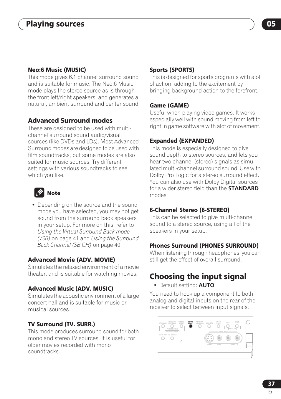 Advanced surround modes, Choosing the input signal, Playing sources 05 | Neo:6 music (music), Advanced movie (adv. movie), Advanced music (adv. music), Tv surround (tv. surr.), Sports (sports), Game (game), Expanded (expanded) | Pioneer VSX-D712 User Manual | Page 37 / 72