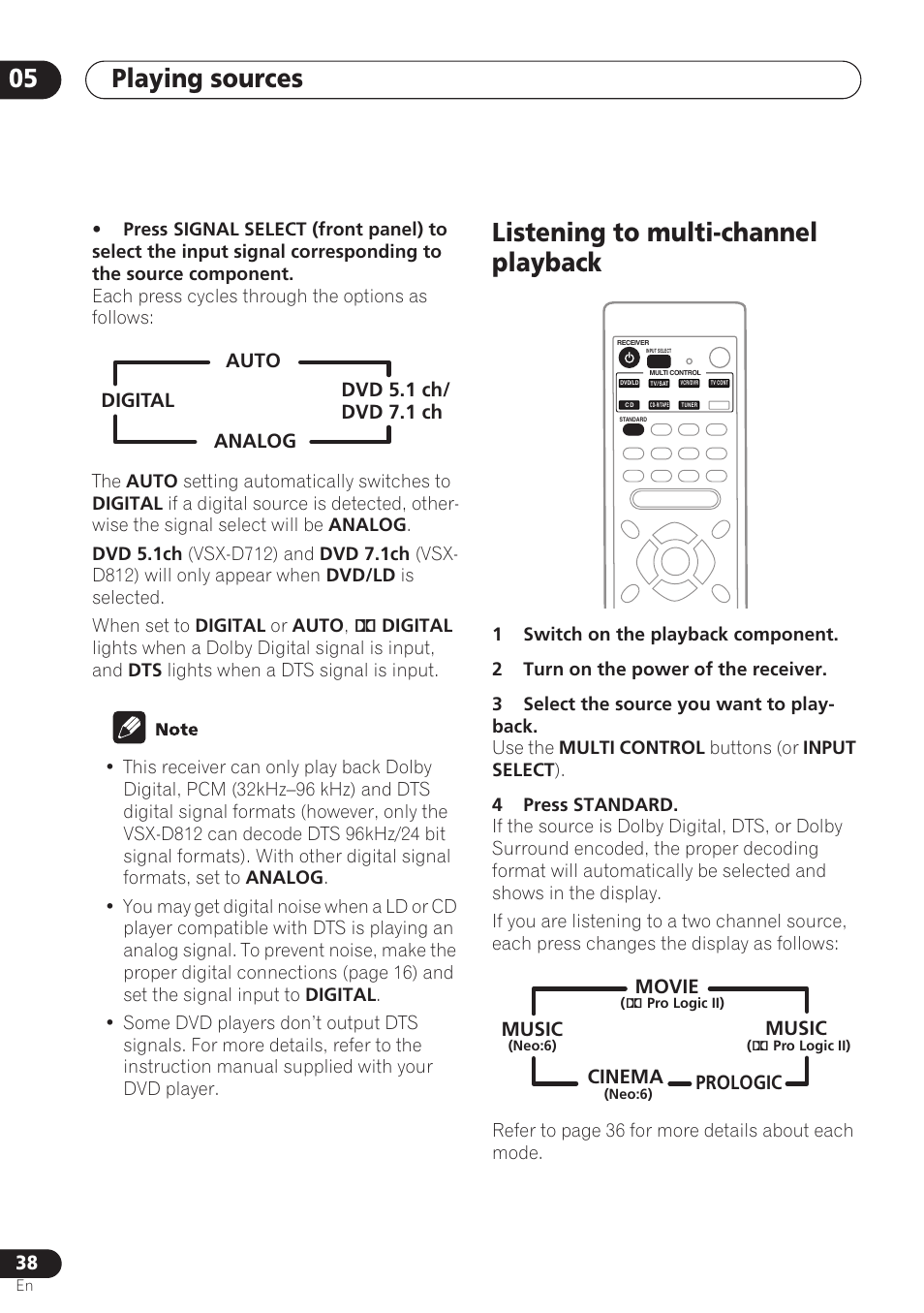 Listening to multi-channel playback, Playing sources 05 | Pioneer VSX-D712 User Manual | Page 38 / 72