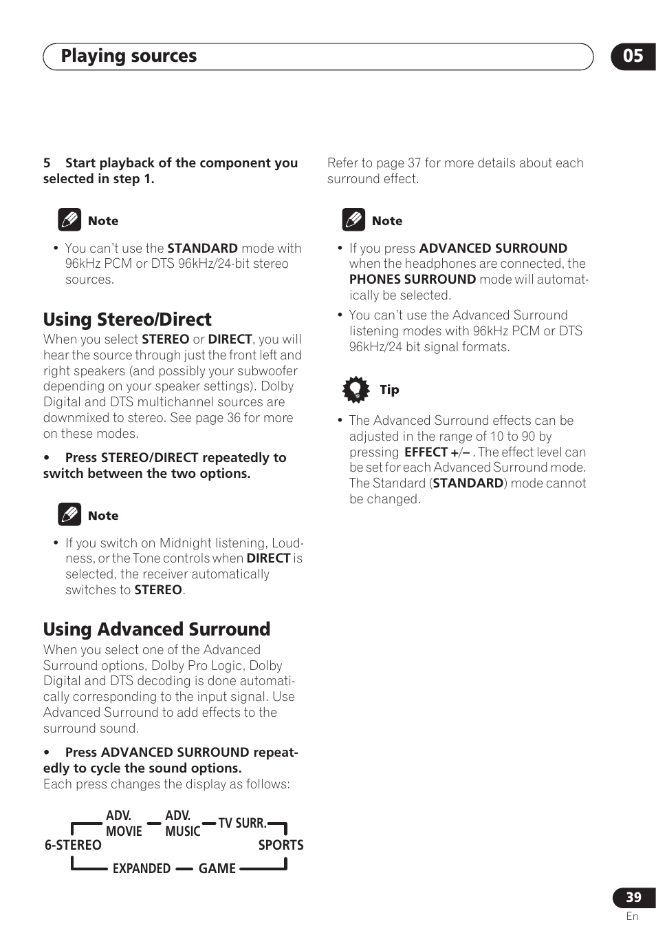 Using stereo/direct, Using advanced surround, Using stereo/direct using advanced surround | Playing sources 05 | Pioneer VSX-D712 User Manual | Page 39 / 72