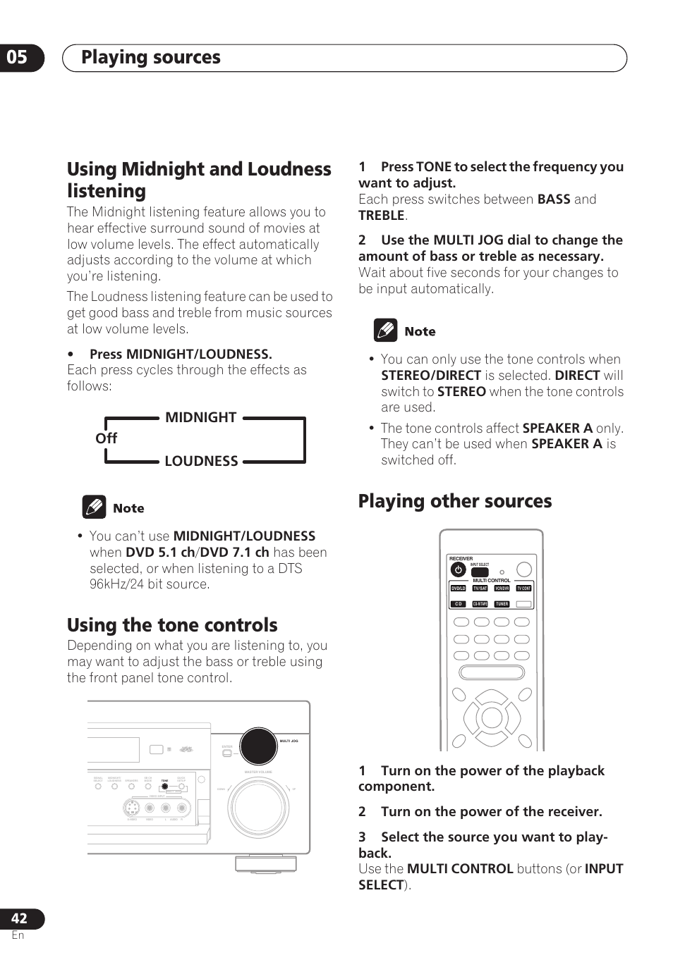 Using midnight and loudness listening, Using the tone controls, Playing other sources | Playing sources 05, Off midnight loudness | Pioneer VSX-D712 User Manual | Page 42 / 72