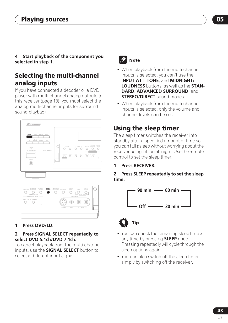 Selecting the multi-channel analog inputs, Using the sleep timer, Playing sources 05 | Pioneer VSX-D712 User Manual | Page 43 / 72