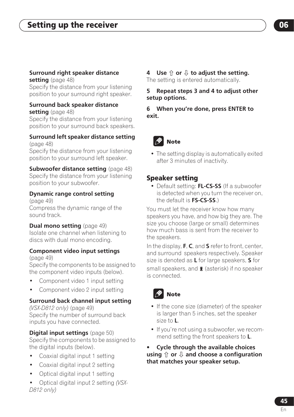 Speaker setting, Setting up the receiver 06 | Pioneer VSX-D712 User Manual | Page 45 / 72