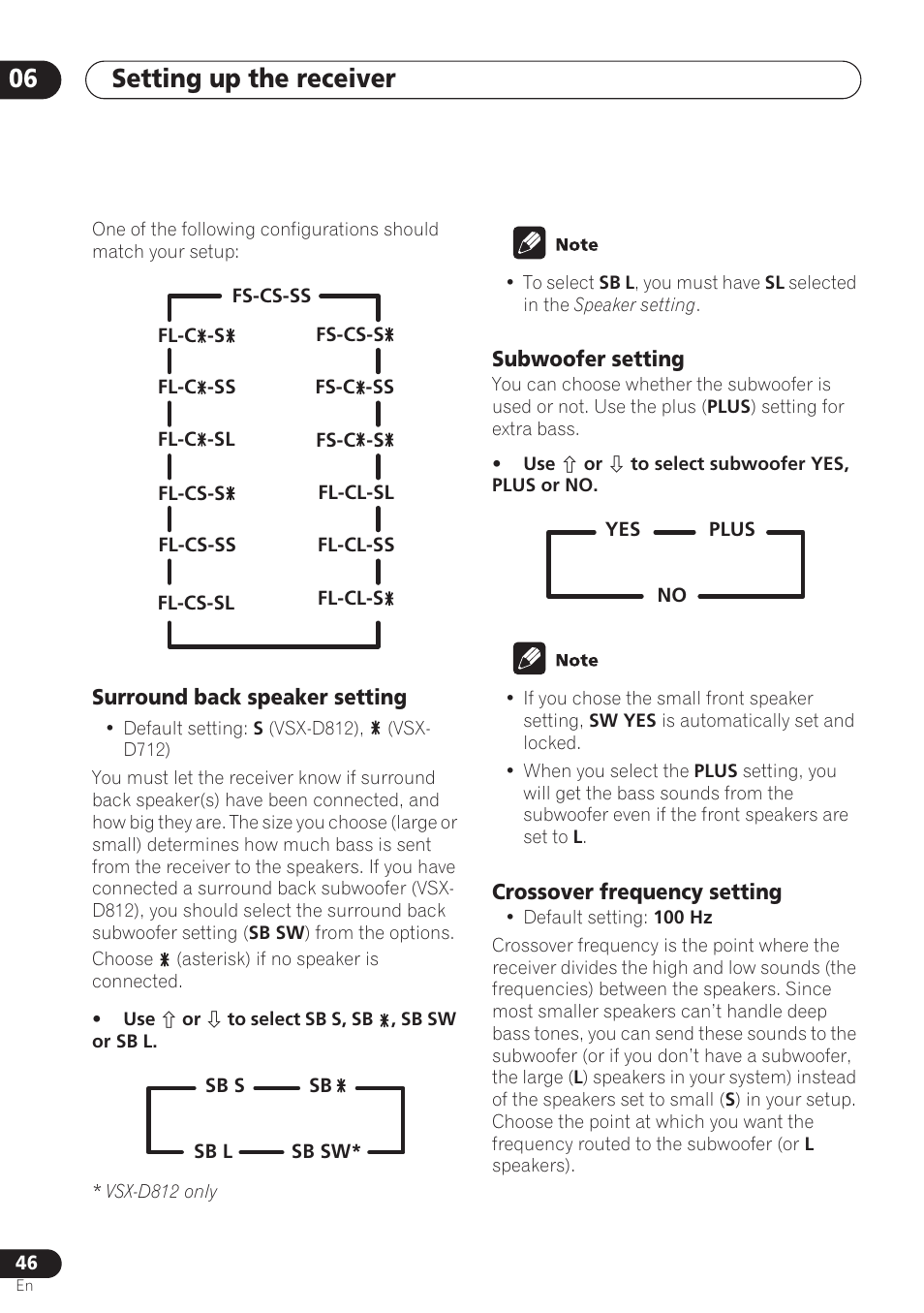 Surround back speaker setting, Subwoofer setting, Crossover frequency setting | Setting up the receiver 06 | Pioneer VSX-D712 User Manual | Page 46 / 72