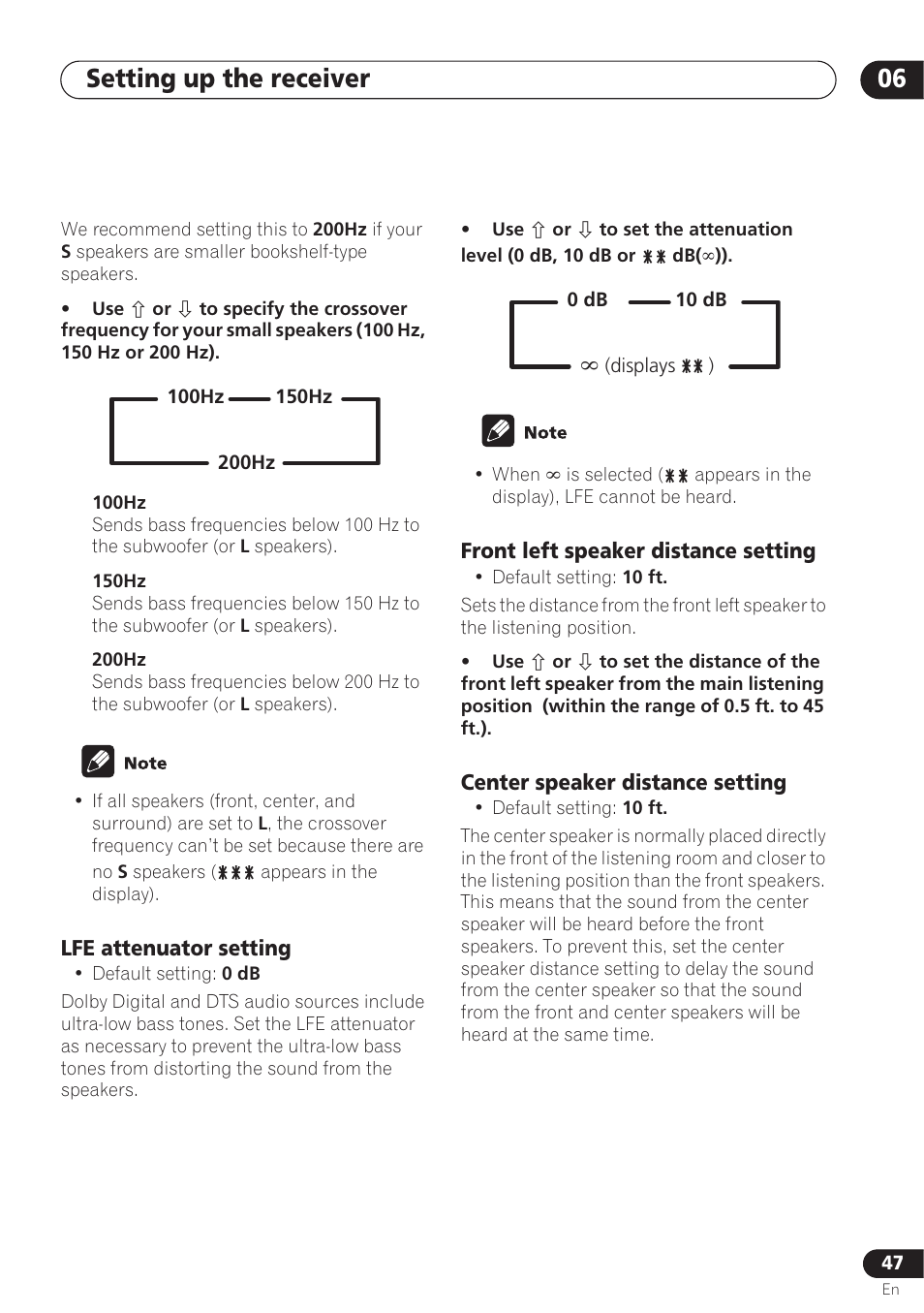 Lfe attenuator setting, Front left speaker distance setting, Center speaker distance setting | Setting up the receiver 06 | Pioneer VSX-D712 User Manual | Page 47 / 72