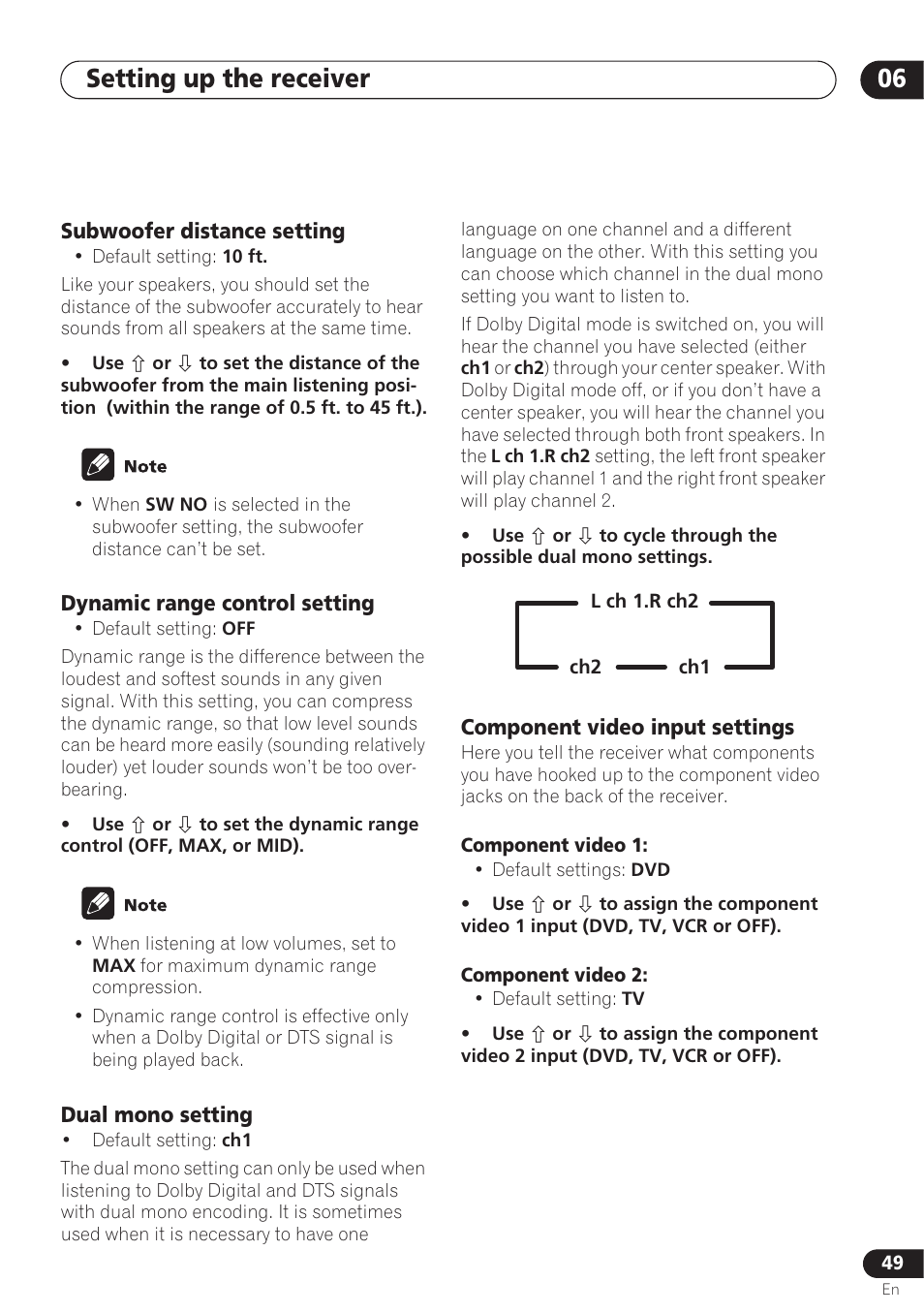 Subwoofer distance setting, Dynamic range control setting, Dual mono setting | Component video input settings, Setting up the receiver 06 | Pioneer VSX-D712 User Manual | Page 49 / 72