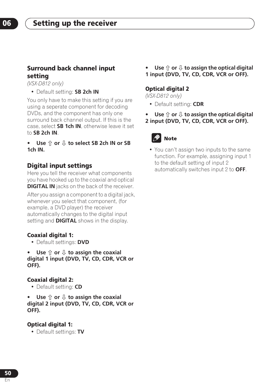 Surround back channel input setting, Digital input settings, Setting up the receiver 06 | Pioneer VSX-D712 User Manual | Page 50 / 72