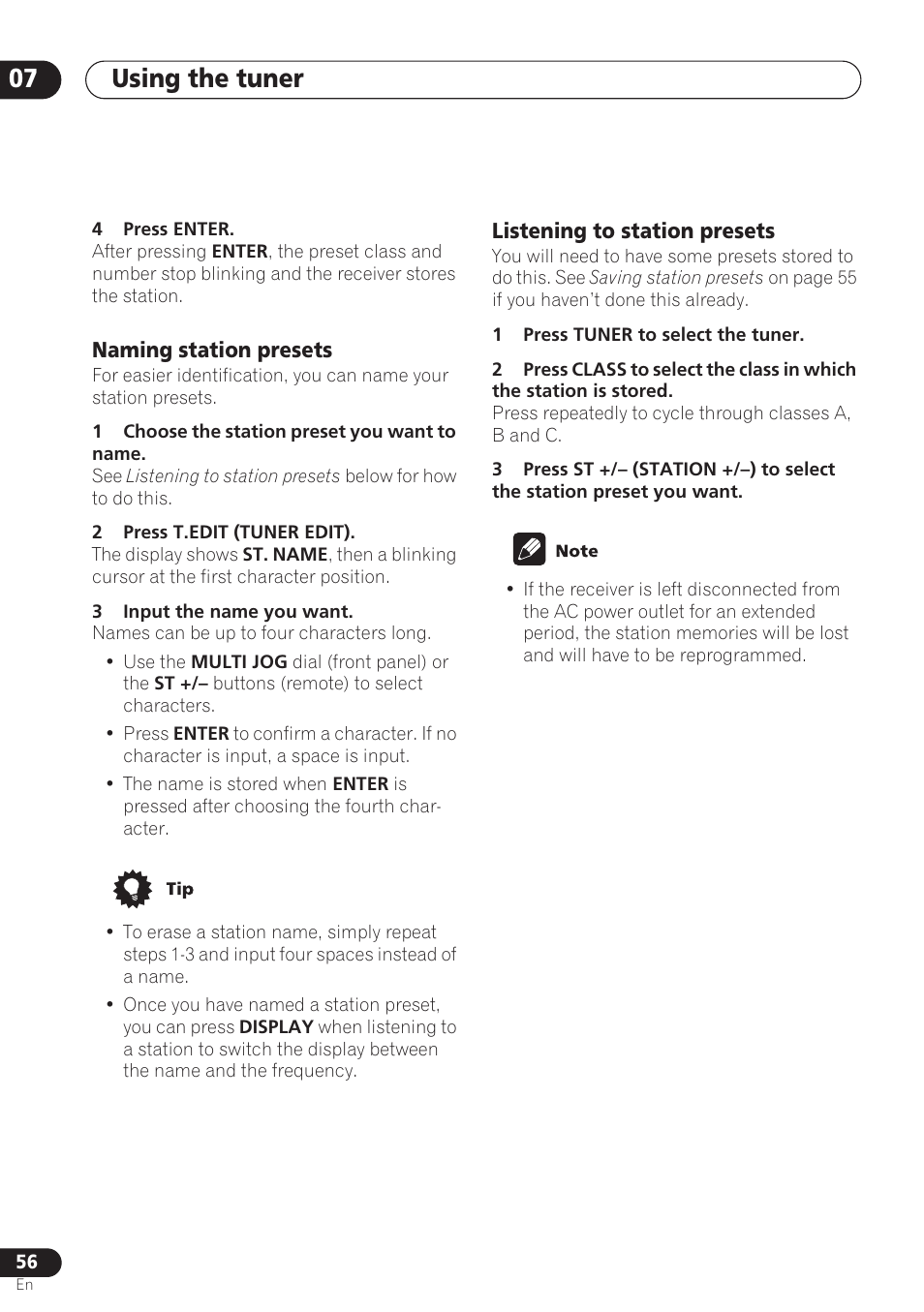 Naming station presets, Listening to station presets, Using the tuner 07 | Pioneer VSX-D712 User Manual | Page 56 / 72