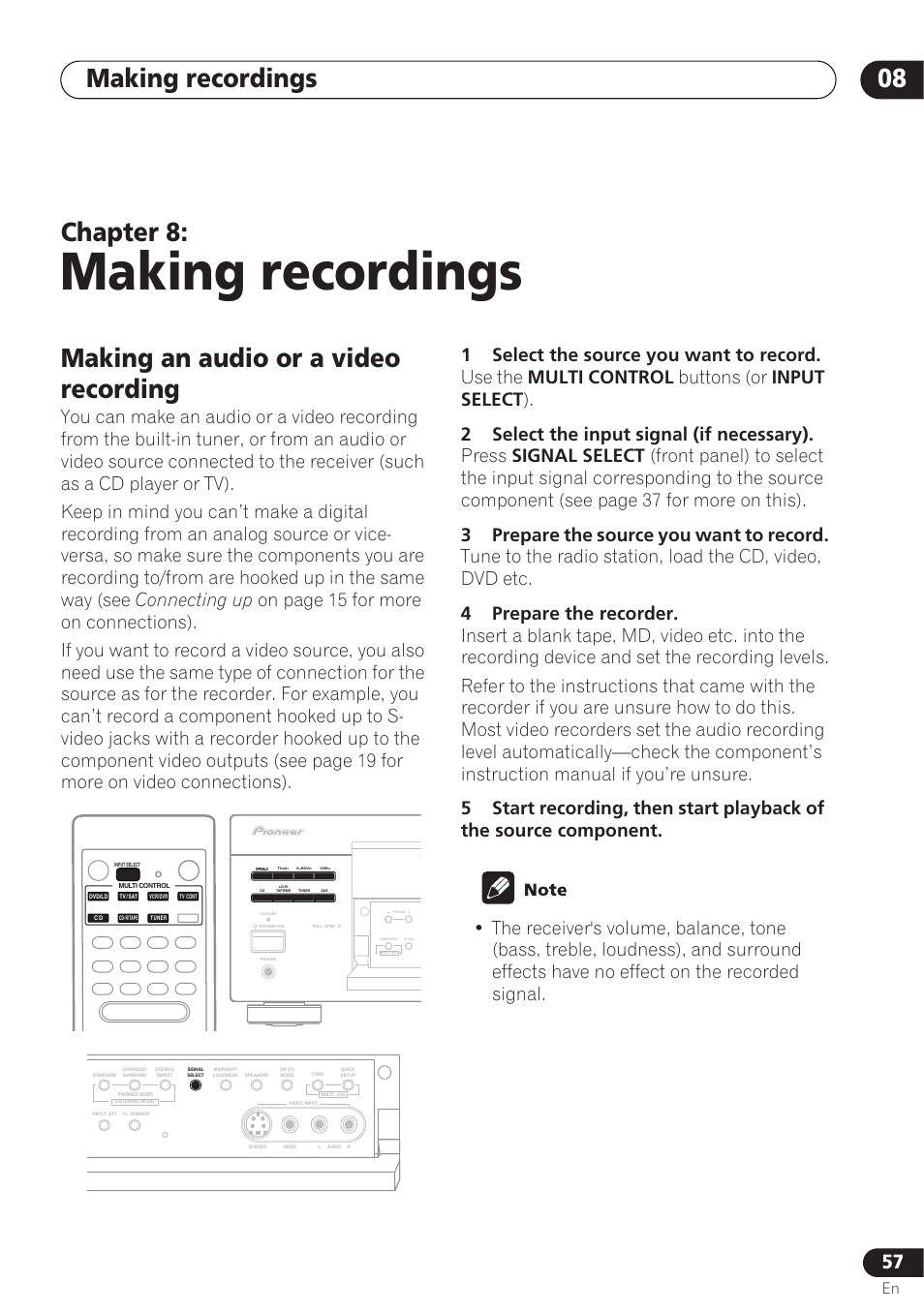 Making recordings, Making an audio or a video recording, Making recordings 08 | Chapter 8, Connecting up, 1select the source you want to record, Use the, Multi control, Buttons (or, Input select | Pioneer VSX-D712 User Manual | Page 57 / 72