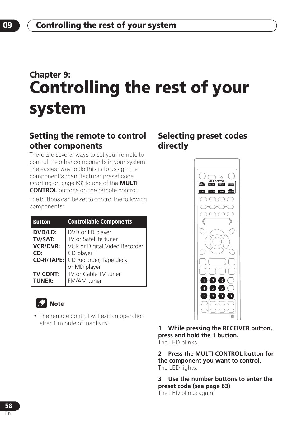 Controlling the rest of your system, Setting the remote to control other components, Selecting preset codes directly | Controlling the rest of your system 09, Chapter 9 | Pioneer VSX-D712 User Manual | Page 58 / 72