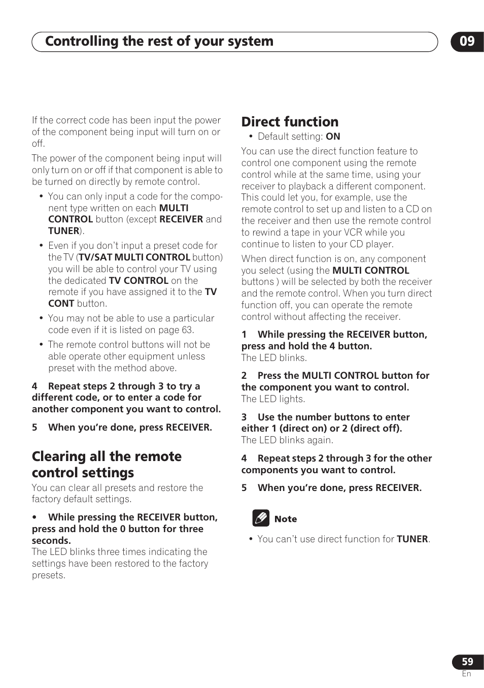 Clearing all the remote control settings, Direct function, Controlling the rest of your system 09 | Pioneer VSX-D712 User Manual | Page 59 / 72