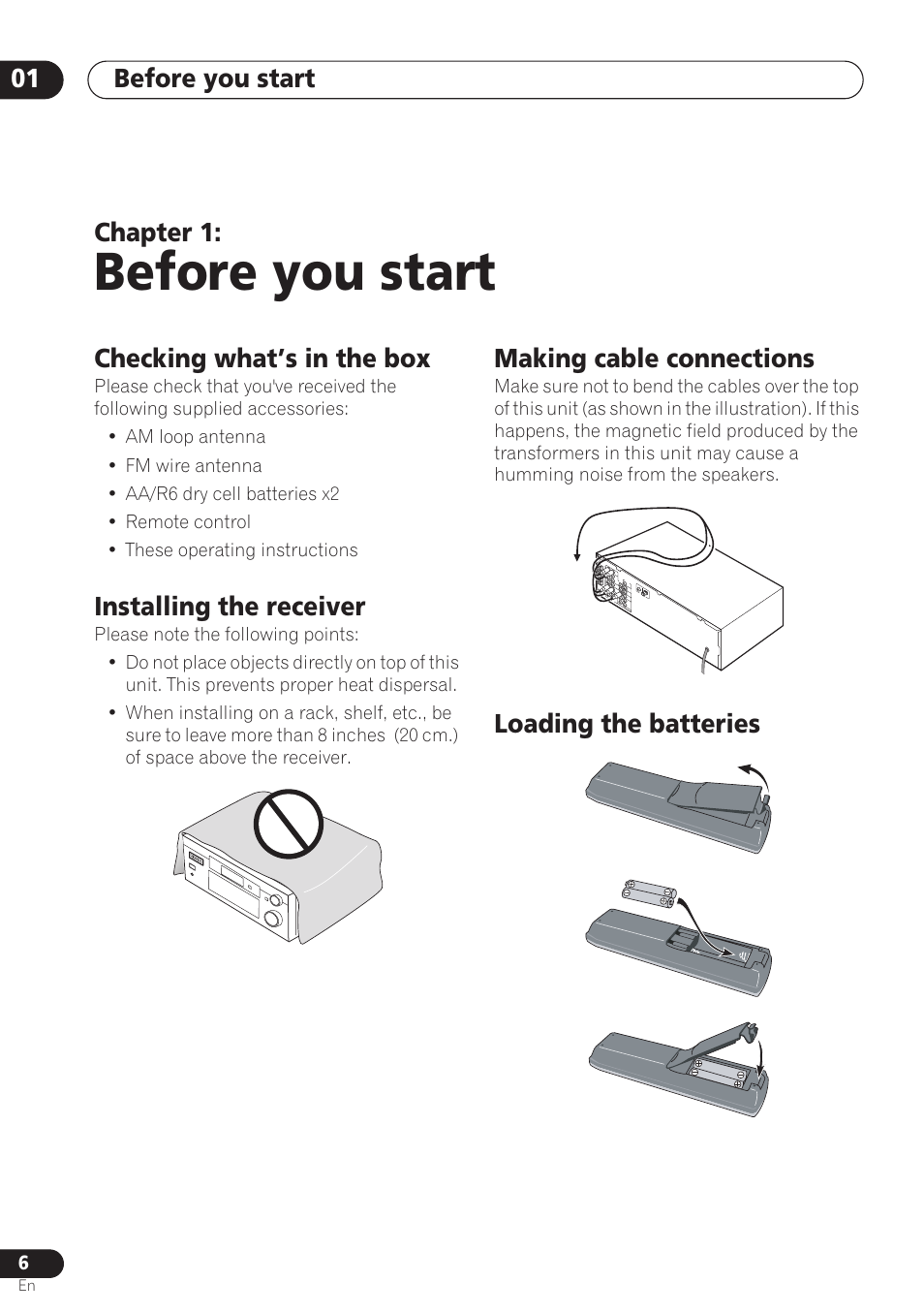 Before you start, Checking what’s in the box, Installing the receiver | Making cable connections, Loading the batteries, Before you start 01, Chapter 1 | Pioneer VSX-D712 User Manual | Page 6 / 72