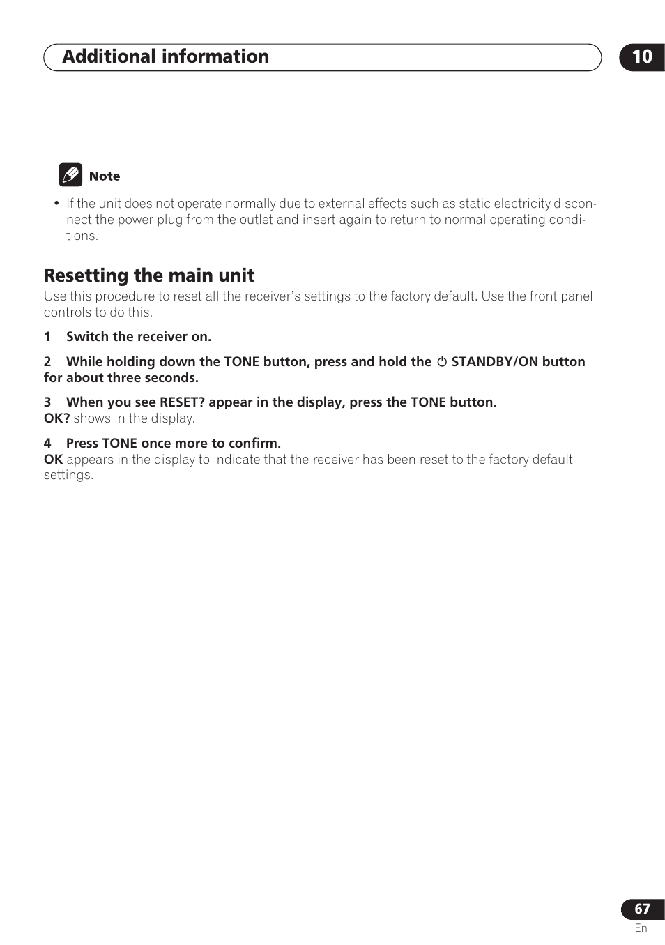 Resetting the main unit, Additional information 10 | Pioneer VSX-D712 User Manual | Page 67 / 72