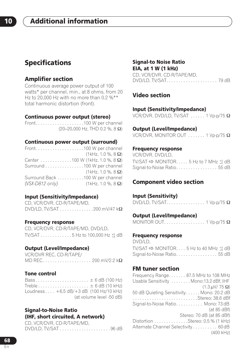 Specifications, Amplifier section, Video section | Component video section, Fm tuner section, Additional information 10 | Pioneer VSX-D712 User Manual | Page 68 / 72