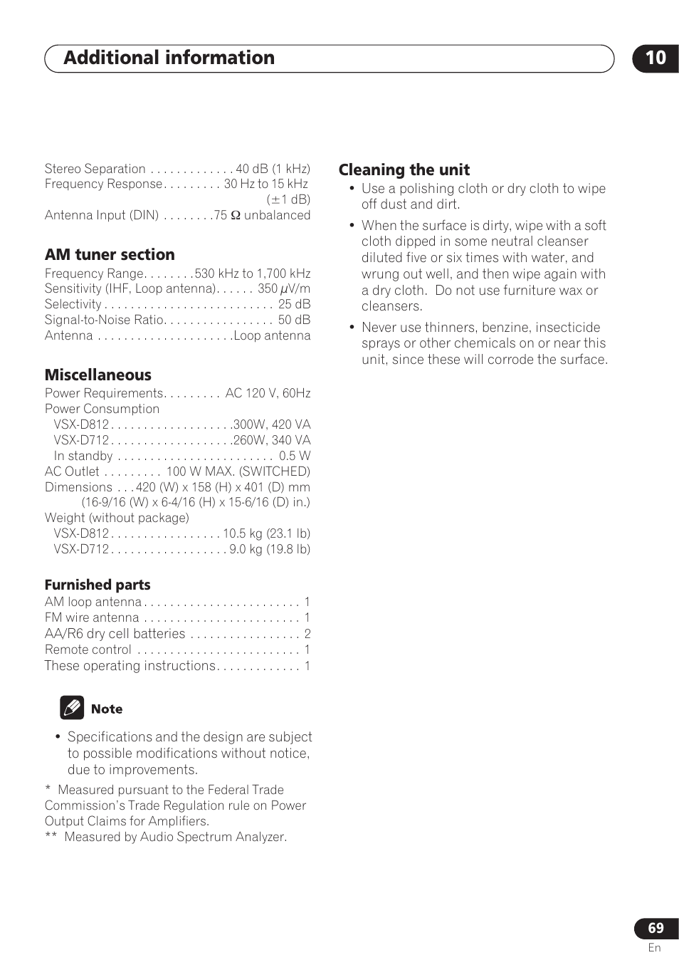 Am tuner section, Miscellaneous, Cleaning the unit | Additional information 10 | Pioneer VSX-D712 User Manual | Page 69 / 72