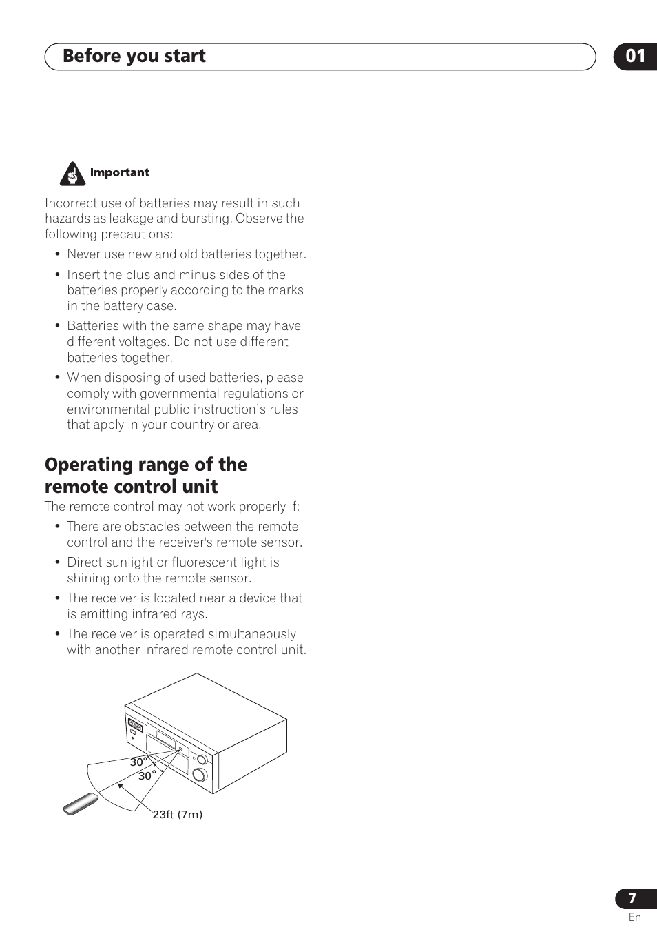 Operating range of the remote control unit, Before you start 01 | Pioneer VSX-D712 User Manual | Page 7 / 72