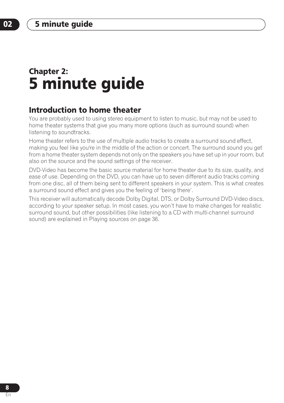 5 minute guide, Introduction to home theater | Pioneer VSX-D712 User Manual | Page 8 / 72