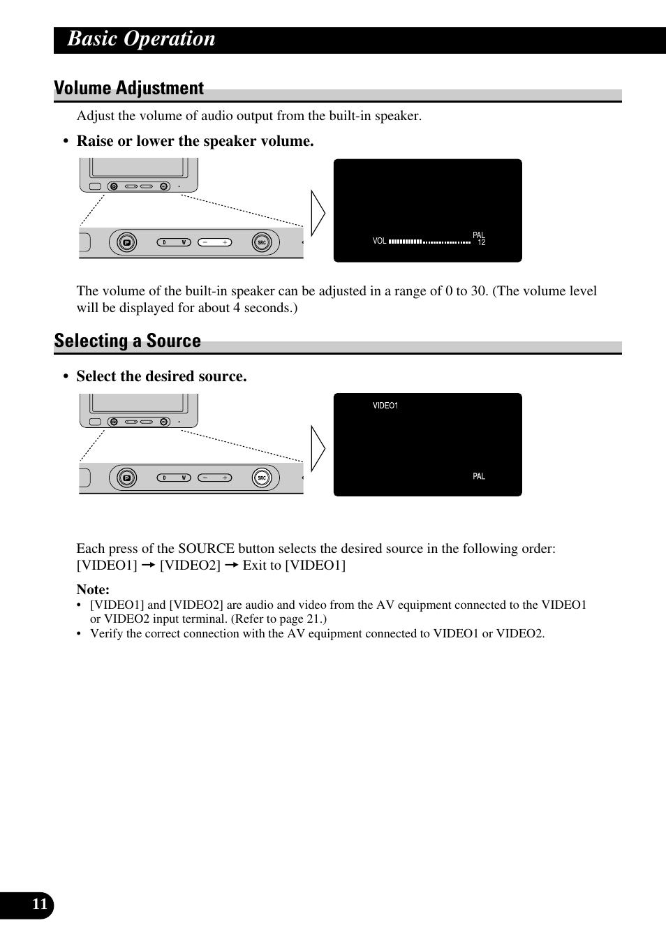 Volume adjustment selecting a source, Basic operation, Volume adjustment | Selecting a source | Pioneer AVD-W6200 User Manual | Page 12 / 30