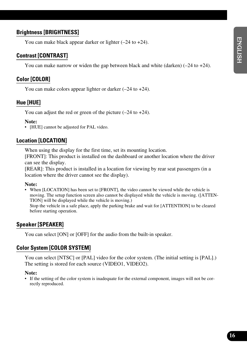 Brightness [brightness, Contrast [contrast, Color [color | Hue [hue, Location [location, Speaker [speaker, Color system [color system | Pioneer AVD-W6200 User Manual | Page 17 / 30