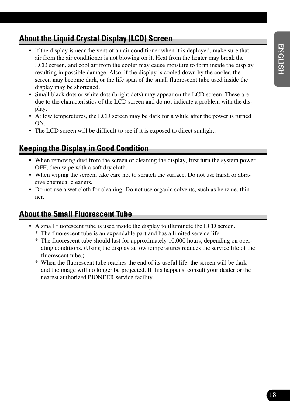 About the liquid crystal display (lcd), Screen, About the liquid crystal display (lcd) screen | Keeping the display in good condition, About the small fluorescent tube | Pioneer AVD-W6200 User Manual | Page 19 / 30