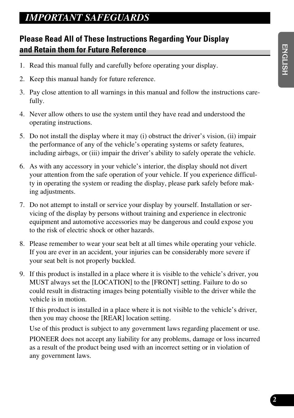 Important safeguards, Please read all of these instructions | Pioneer AVD-W6200 User Manual | Page 3 / 30