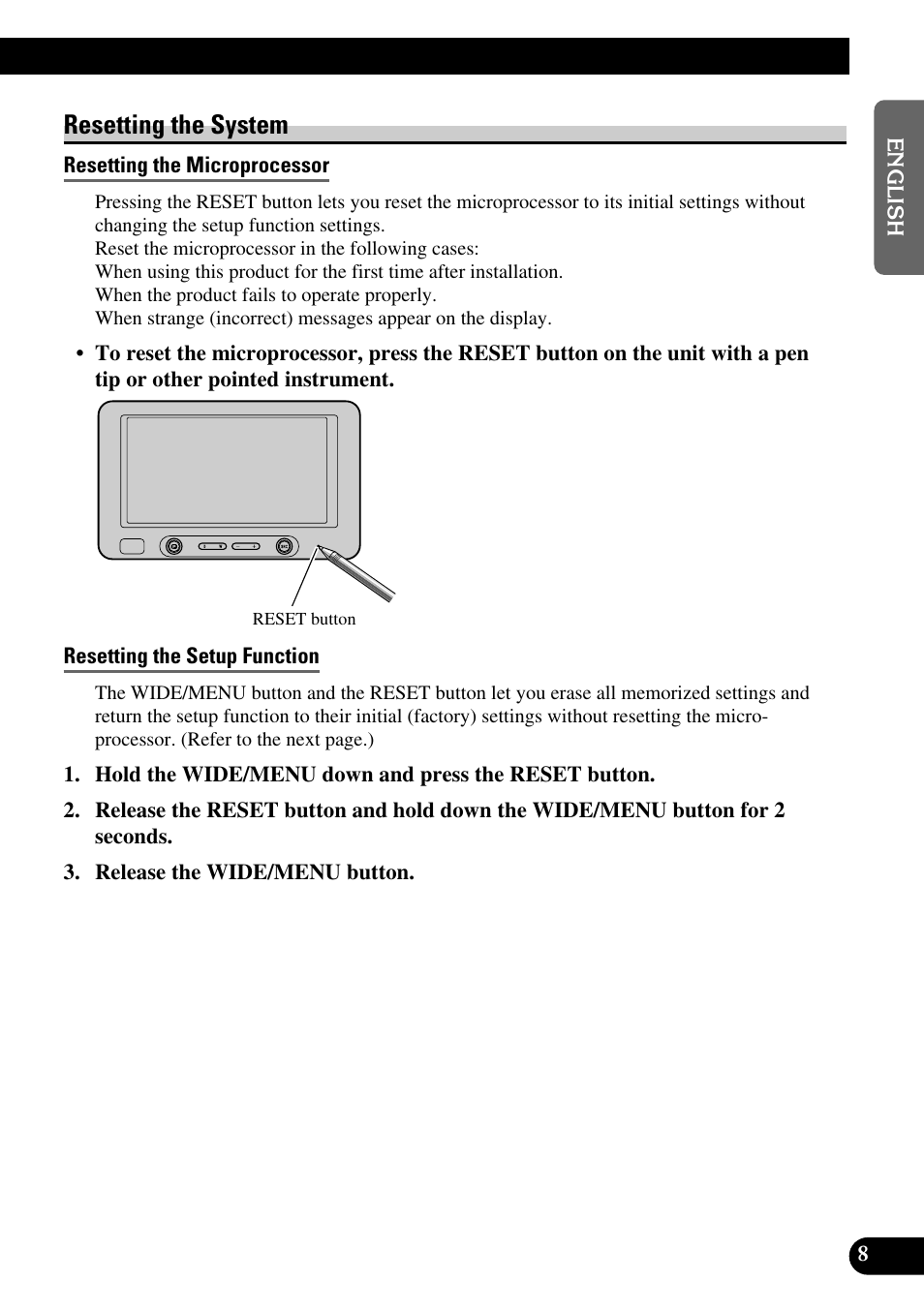 Resetting the system, Resetting the microprocessor, Resetting the setup function | Pioneer AVD-W6200 User Manual | Page 9 / 30