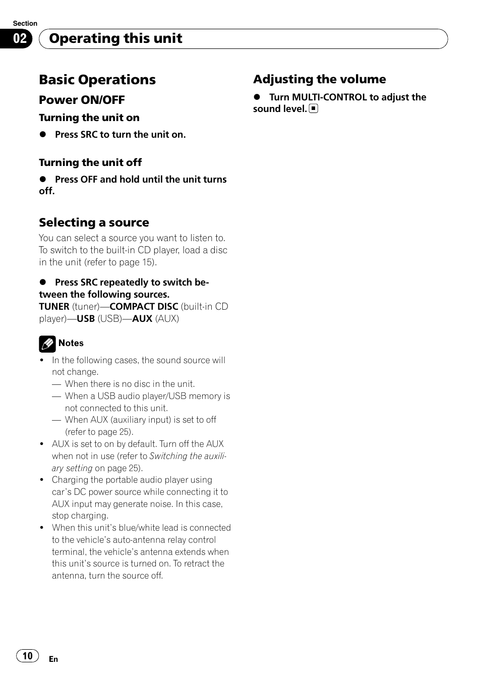 Basic operations, Power on/off 10, Selecting a source 10 | Adjusting the volume 10, Operating this unit, Power on/off, Selecting a source, Adjusting the volume | Pioneer DEH-4000UB User Manual | Page 10 / 73