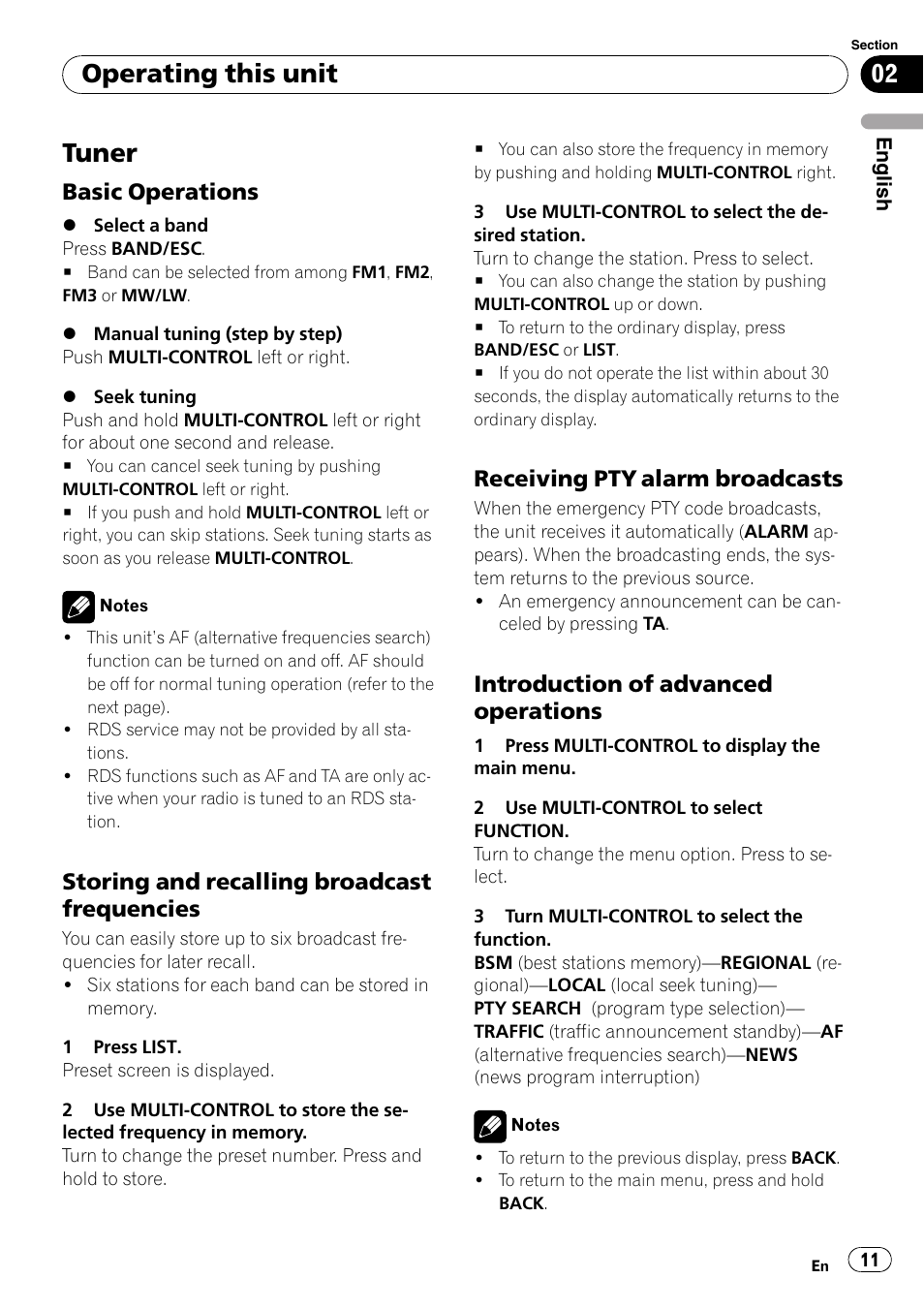 Tuner, Basic operations 11, Storing and recalling broadcast | Frequencies, Receiving pty alarm broadcasts 11, Introduction of advanced, Operations, Operating this unit, Basic operations, Storing and recalling broadcast frequencies | Pioneer DEH-4000UB User Manual | Page 11 / 73