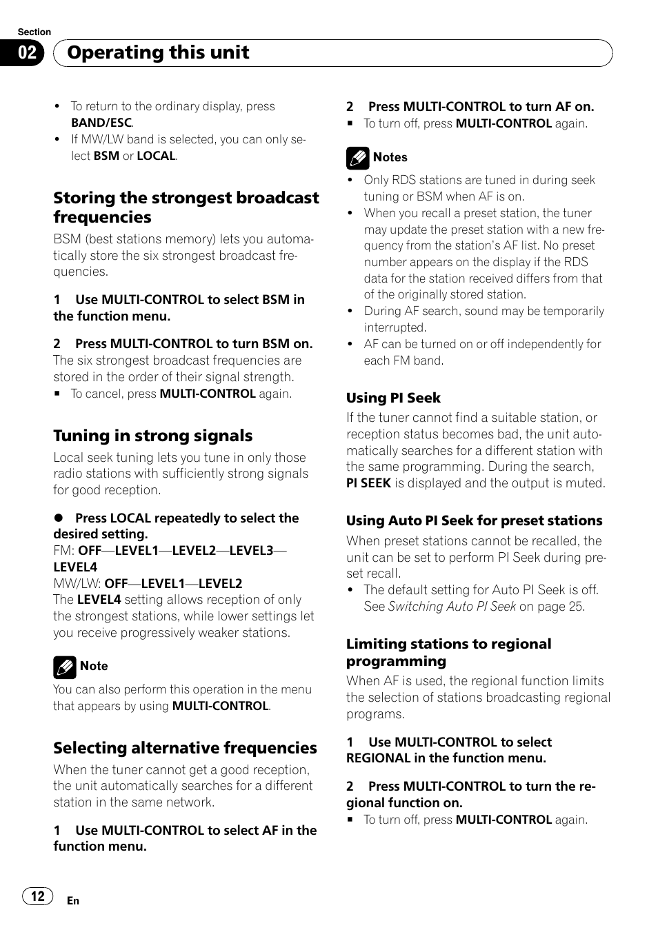 Storing the strongest broadcast, Frequencies, Tuning in strong signals 12 | Selecting alternative frequencies 12, Operating this unit, Storing the strongest broadcast frequencies, Tuning in strong signals, Selecting alternative frequencies | Pioneer DEH-4000UB User Manual | Page 12 / 73