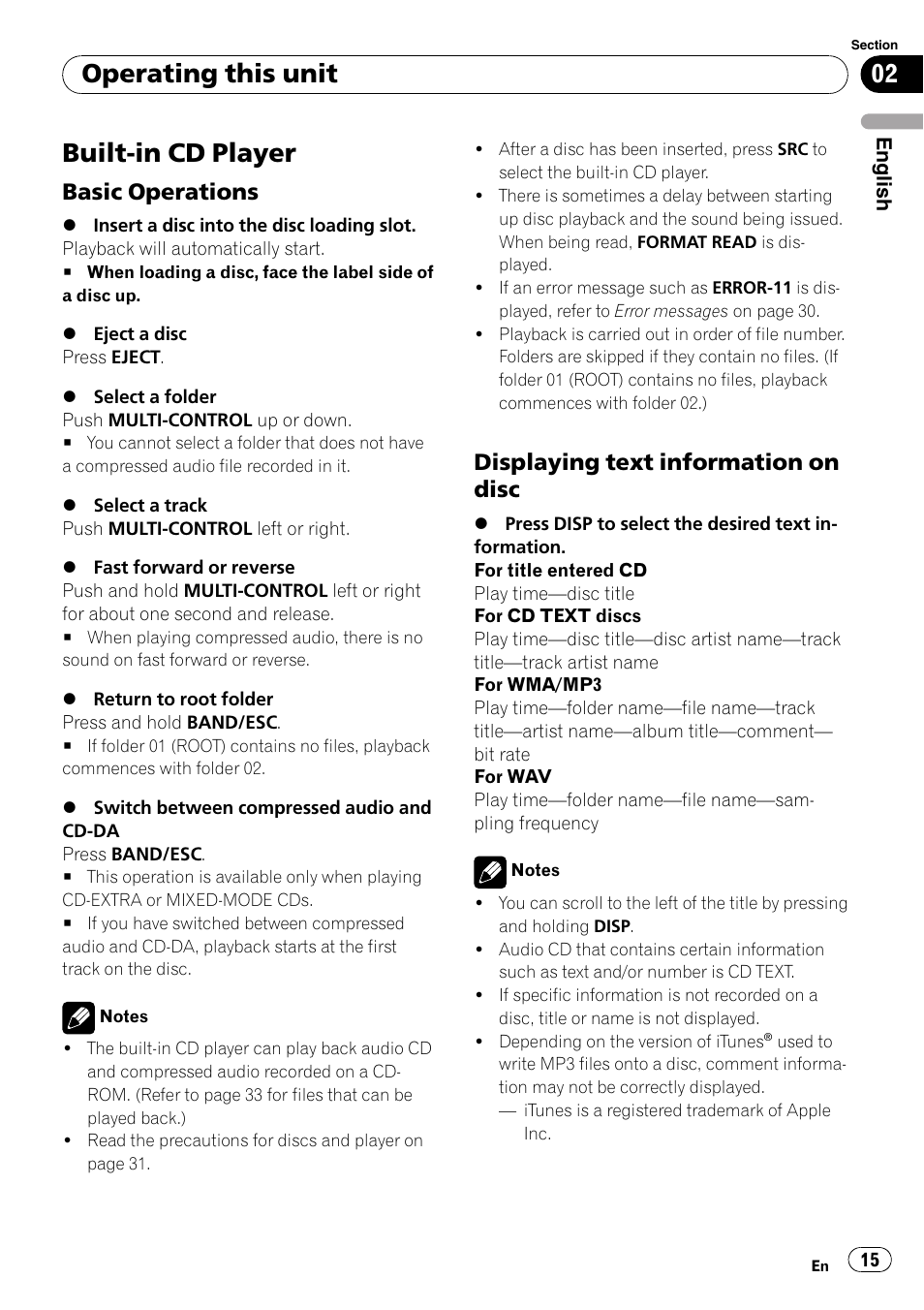 Built-in cd player, Basic operations 15, Displaying text information on disc 15 | Operating this unit, Basic operations, Displaying text information on disc | Pioneer DEH-4000UB User Manual | Page 15 / 73