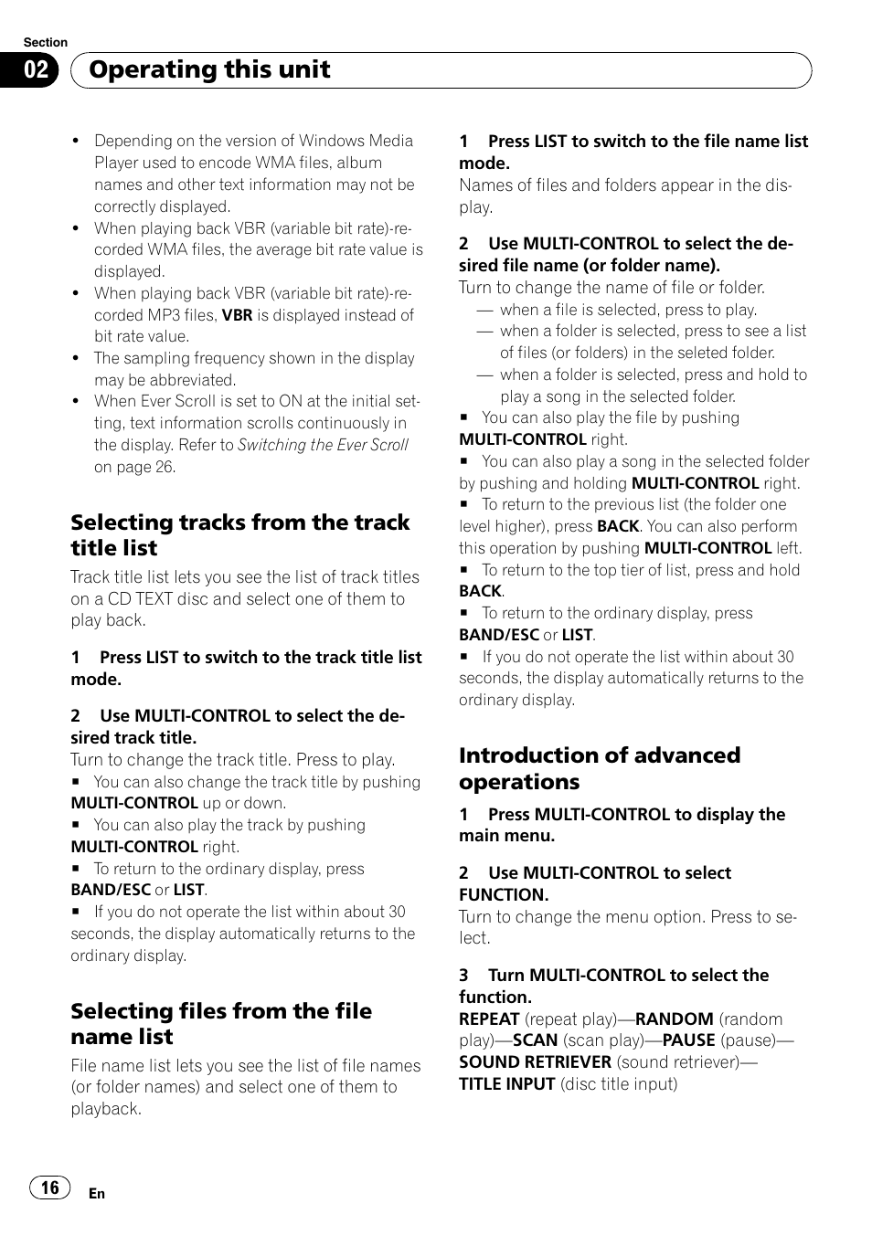 Selecting tracks from the track title, List, Selecting files from the file name | Introduction of advanced, Operations, Operating this unit, Selecting tracks from the track title list, Selecting files from the file name list, Introduction of advanced operations | Pioneer DEH-4000UB User Manual | Page 16 / 73