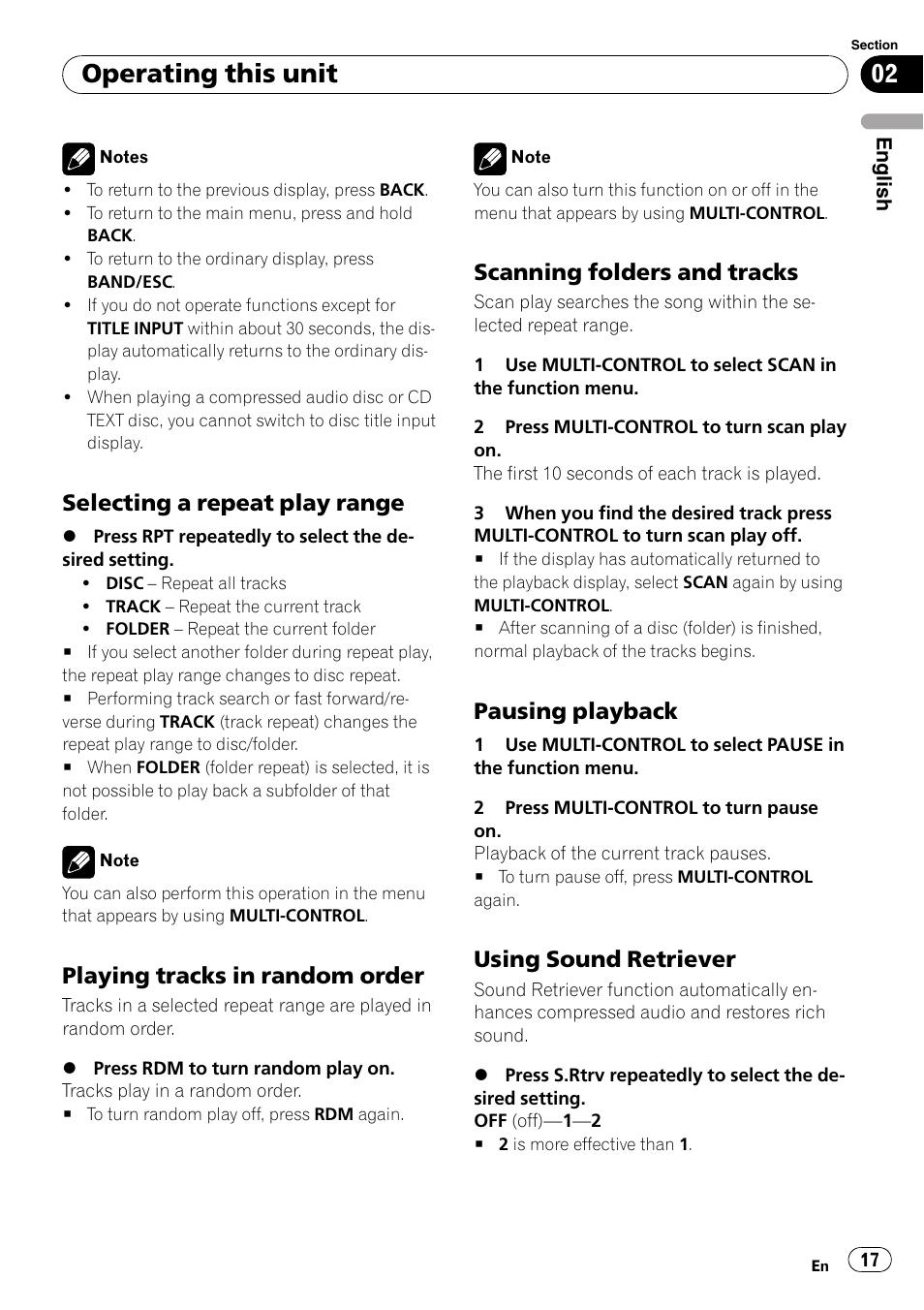 Selecting a repeat play range 17, Playing tracks in random order 17, Scanning folders and tracks 17 | Pausing playback 17, Using sound retriever 17, Operating this unit, Selecting a repeat play range, Playing tracks in random order, Scanning folders and tracks, Pausing playback | Pioneer DEH-4000UB User Manual | Page 17 / 73