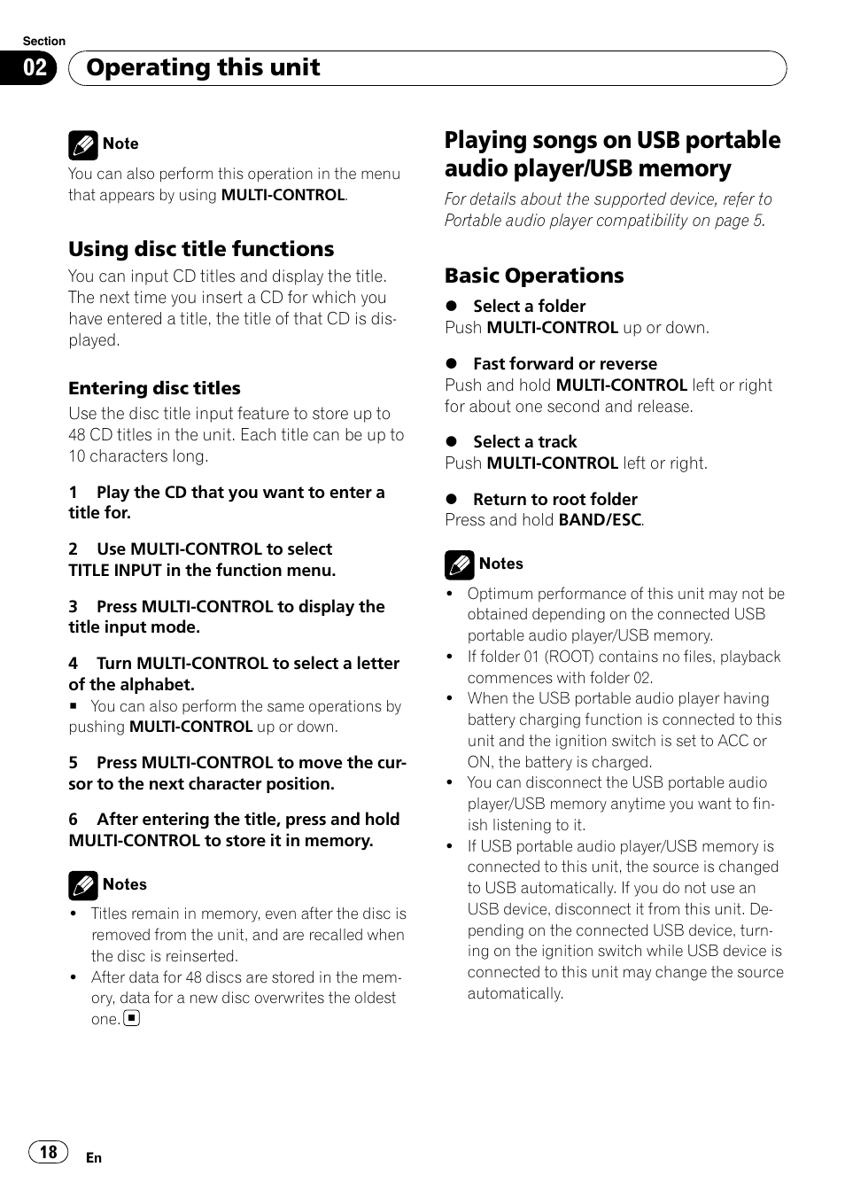 Using disc title functions 18, Playing songs on usb portable audio player, Usb memory | Basic operations 18, Operating this unit, Using disc title functions, Basic operations | Pioneer DEH-4000UB User Manual | Page 18 / 73