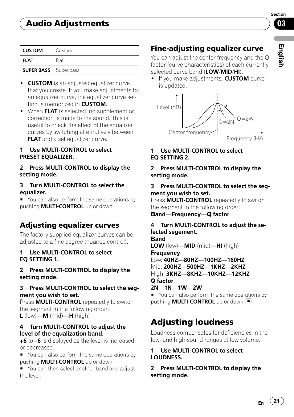 Adjusting equalizer curves 21, Fine-adjusting equalizer curve 21, Adjusting loudness | Audio adjustments, Adjusting equalizer curves, Fine-adjusting equalizer curve | Pioneer DEH-4000UB User Manual | Page 21 / 73