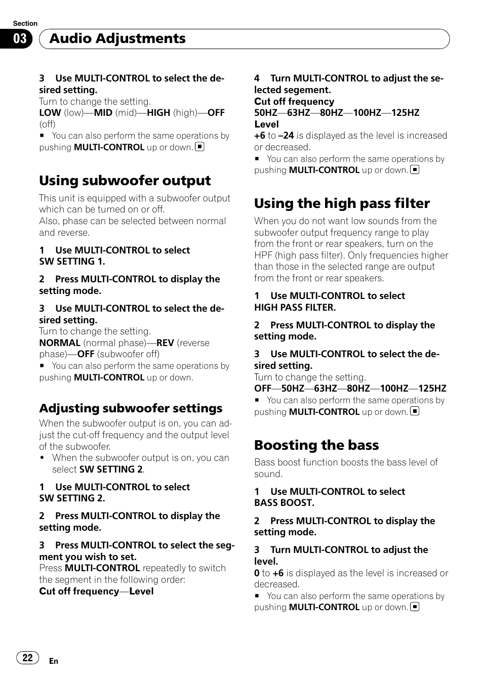 Using subwoofer output, Adjusting subwoofer settings 22, Using the high pass filter | Boosting the bass, Audio adjustments, Adjusting subwoofer settings | Pioneer DEH-4000UB User Manual | Page 22 / 73