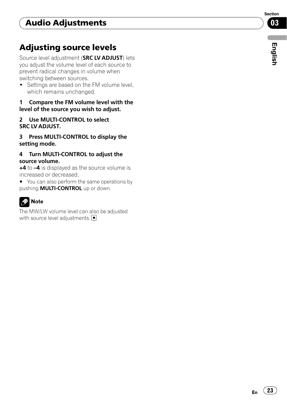 Adjusting source levels, Audio adjustments | Pioneer DEH-4000UB User Manual | Page 23 / 73