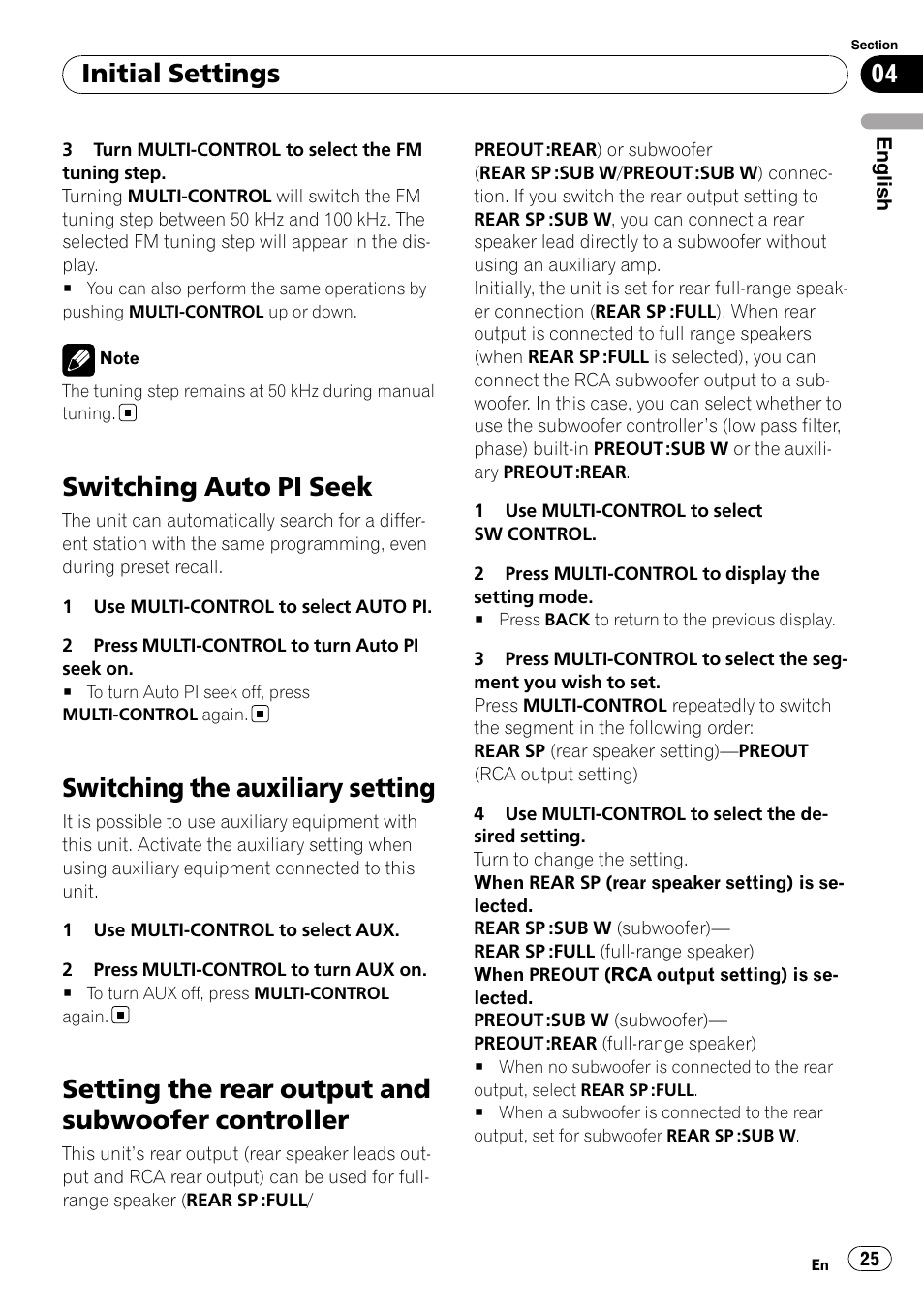 Switching auto pi seek, Switching the auxiliary setting, Setting the rear output and subwoofer | Controller, Setting the rear output and subwoofer controller, Initial settings | Pioneer DEH-4000UB User Manual | Page 25 / 73