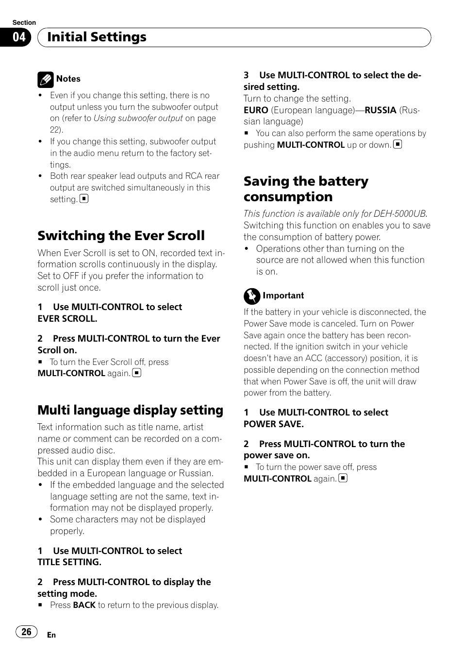 Switching the ever scroll, Multi language display setting, Saving the battery consumption | Initial settings | Pioneer DEH-4000UB User Manual | Page 26 / 73