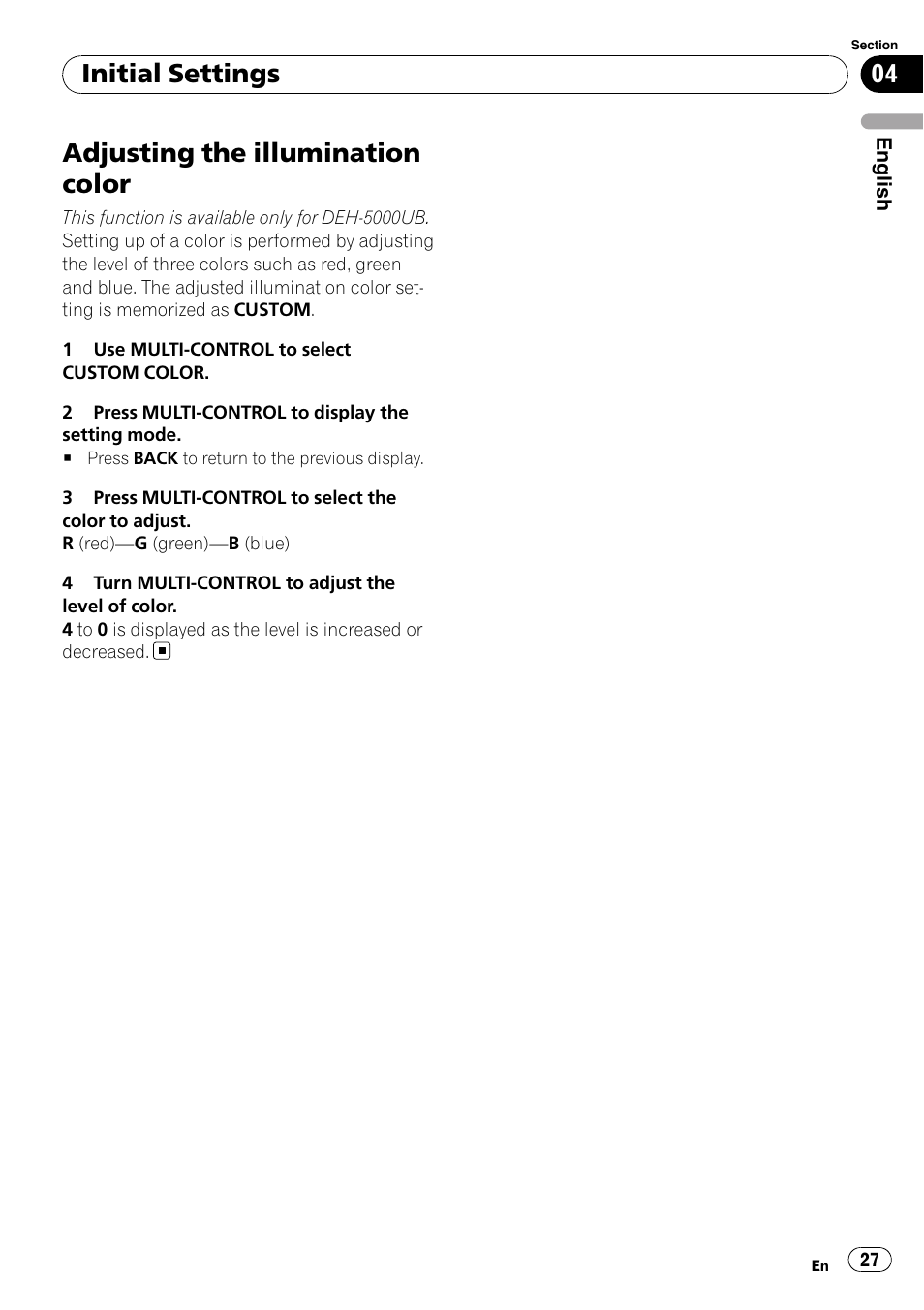 Adjusting the illumination color, Initial settings | Pioneer DEH-4000UB User Manual | Page 27 / 73