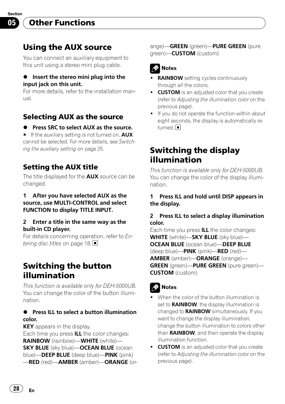 Other functions using the aux source, Selecting aux as the source 28, Setting the aux title 28 | Switching the button illumination, Switching the display illumination, Using the aux source, Other functions, Selecting aux as the source, Setting the aux title | Pioneer DEH-4000UB User Manual | Page 28 / 73