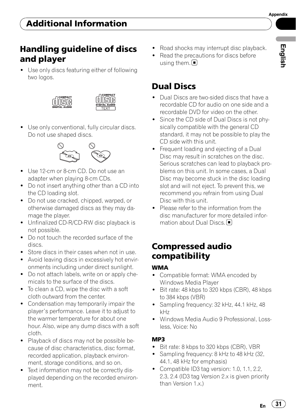 Handling guideline of discs and player, Dual discs, Compressed audio compatibility | Additional information | Pioneer DEH-4000UB User Manual | Page 31 / 73