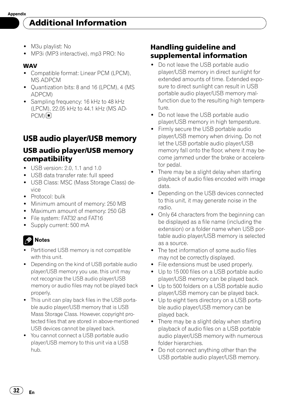 Usb audio player/usb memory, Compatibility, Handling guideline and supplemental | Information, Additional information, Handling guideline and supplemental information | Pioneer DEH-4000UB User Manual | Page 32 / 73