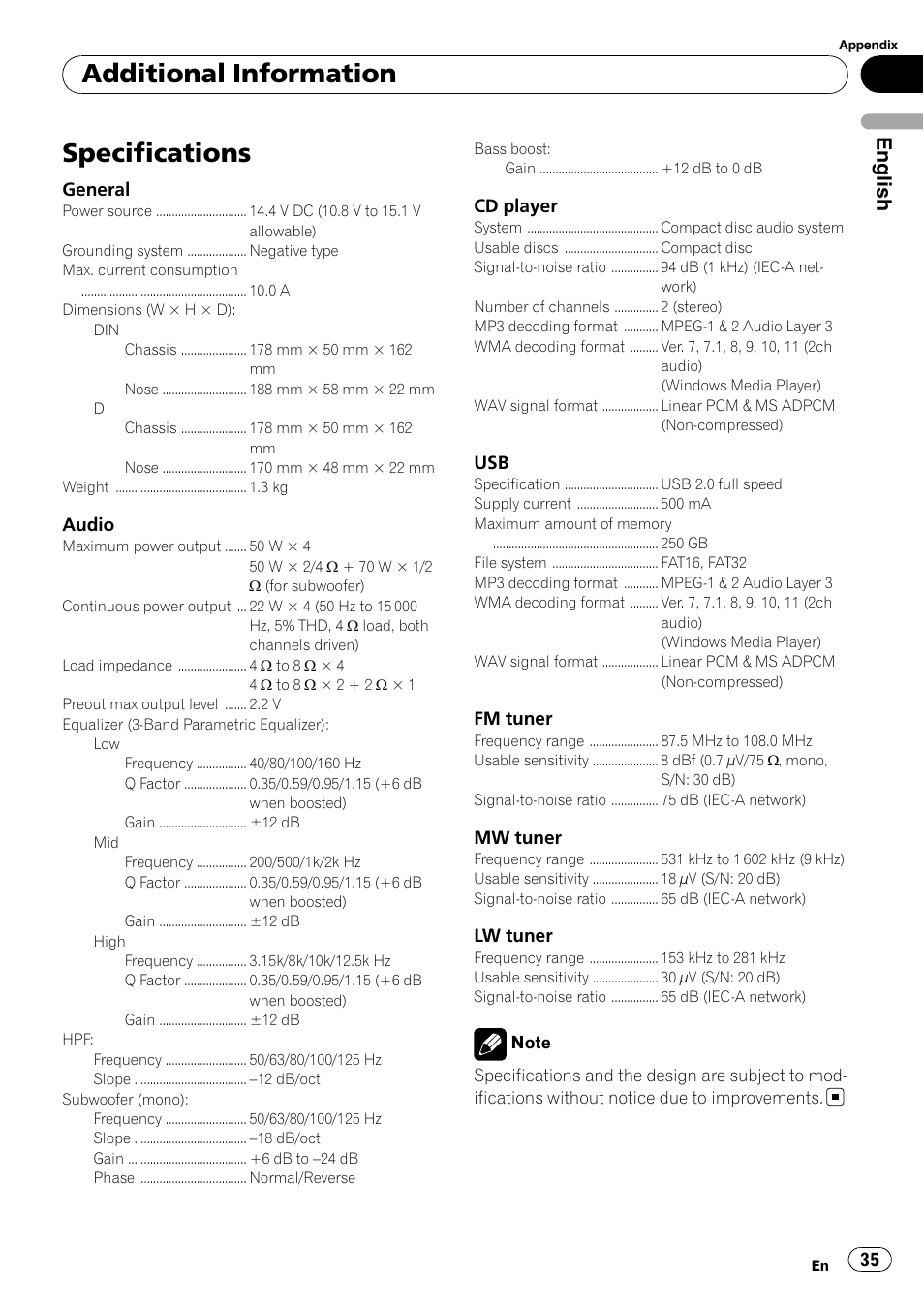 Specifications, Additional information, English | Pioneer DEH-4000UB User Manual | Page 35 / 73