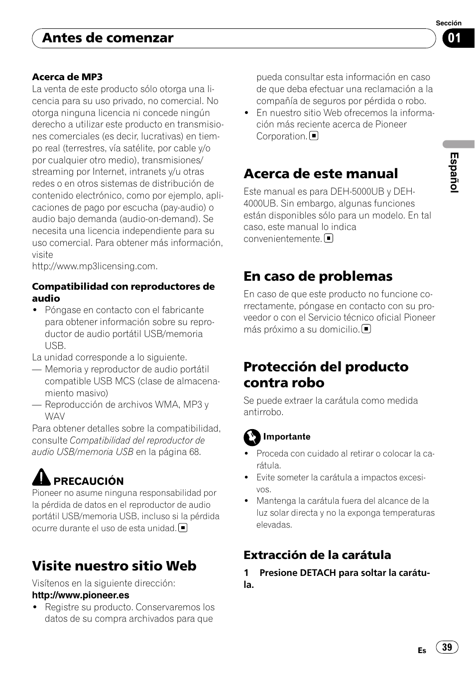 Visite nuestro sitio web, Acerca de este manual, En caso de problemas | Protección del producto contra robo, Extracción de la carátula 39, Antes de comenzar | Pioneer DEH-4000UB User Manual | Page 39 / 73